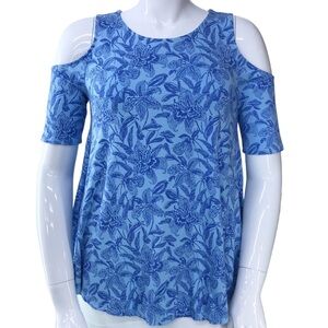 Chicos Womens Size 3 US XL Cold Shoulder Tee Shirt Floral Blue Knit Summer